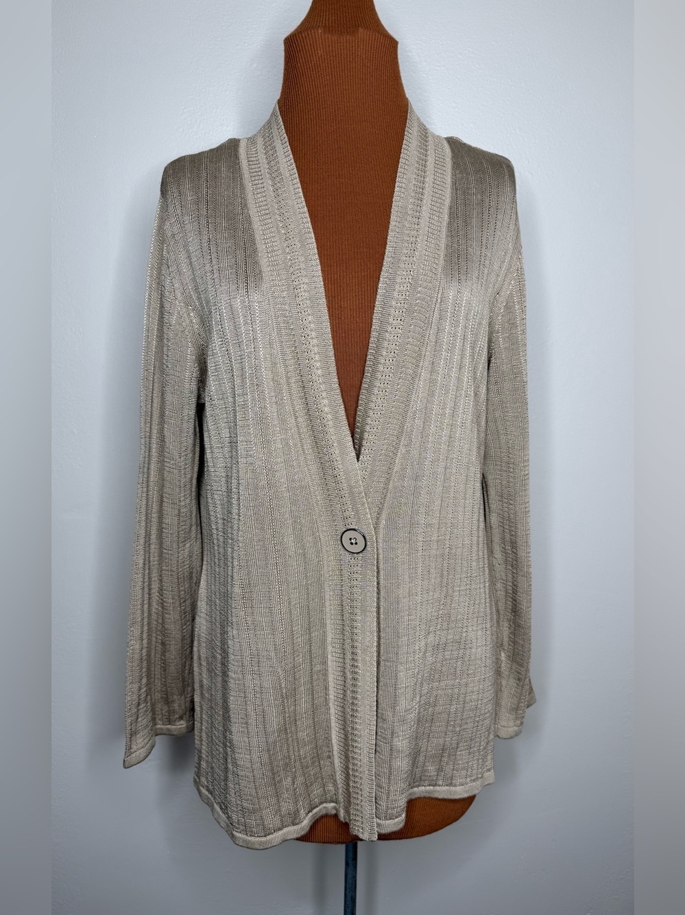 Jones New York Beige Ribbed Single Button Cardigan Sweater Size Large